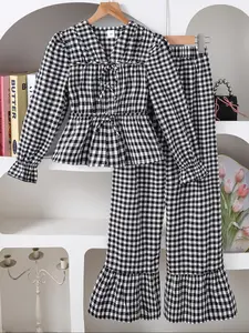 Girls' Plaid V Neck Bow Tie Bubble Long Sleeve Top, Elastic Waist Ruffle Hem Pants Set, Casual Fashion, Fine Girls Outfit