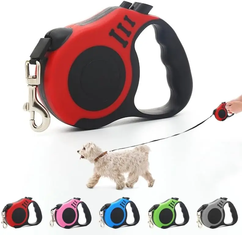 Compact Lightweight 10ft (3m) Retractable Dog Lead for Small-Medium Dogs (Up to 44 lbs), 360° Tangle-Free Nylon Lead with Anti-Slip Handle, 1-Handed Brake-Pause-Lock for Controlled Walks, Outdoor Use (Red)
