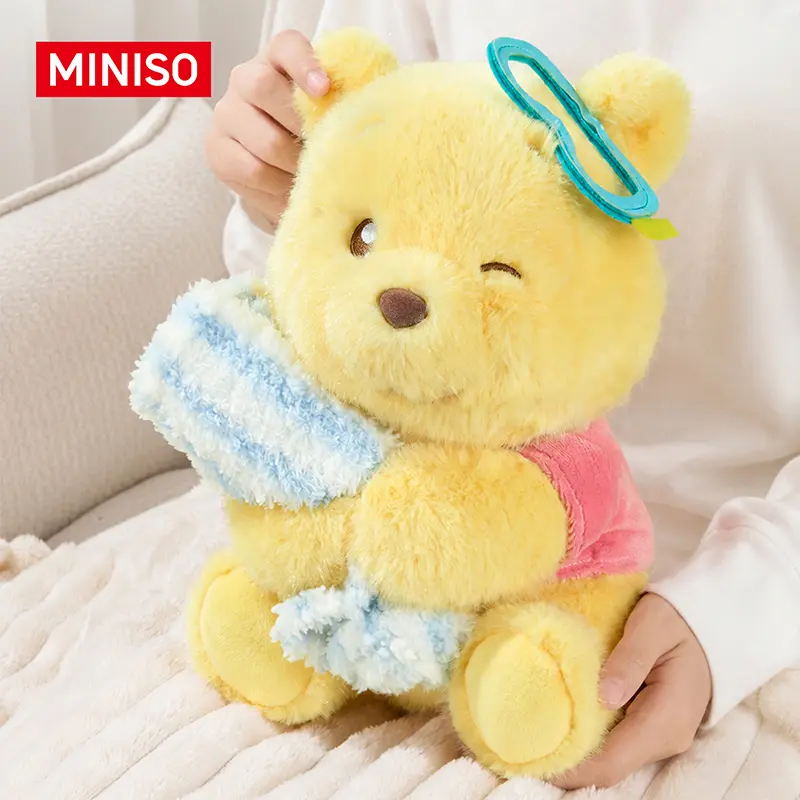 MINISO Disney Winnie the Pooh Summer Collection Sitting Plush Towel Doll - Unisex, Ages 12+, Plush Softness, Whimsical Home Decor, Room Decor, Ideal Gift for Pooh Fans