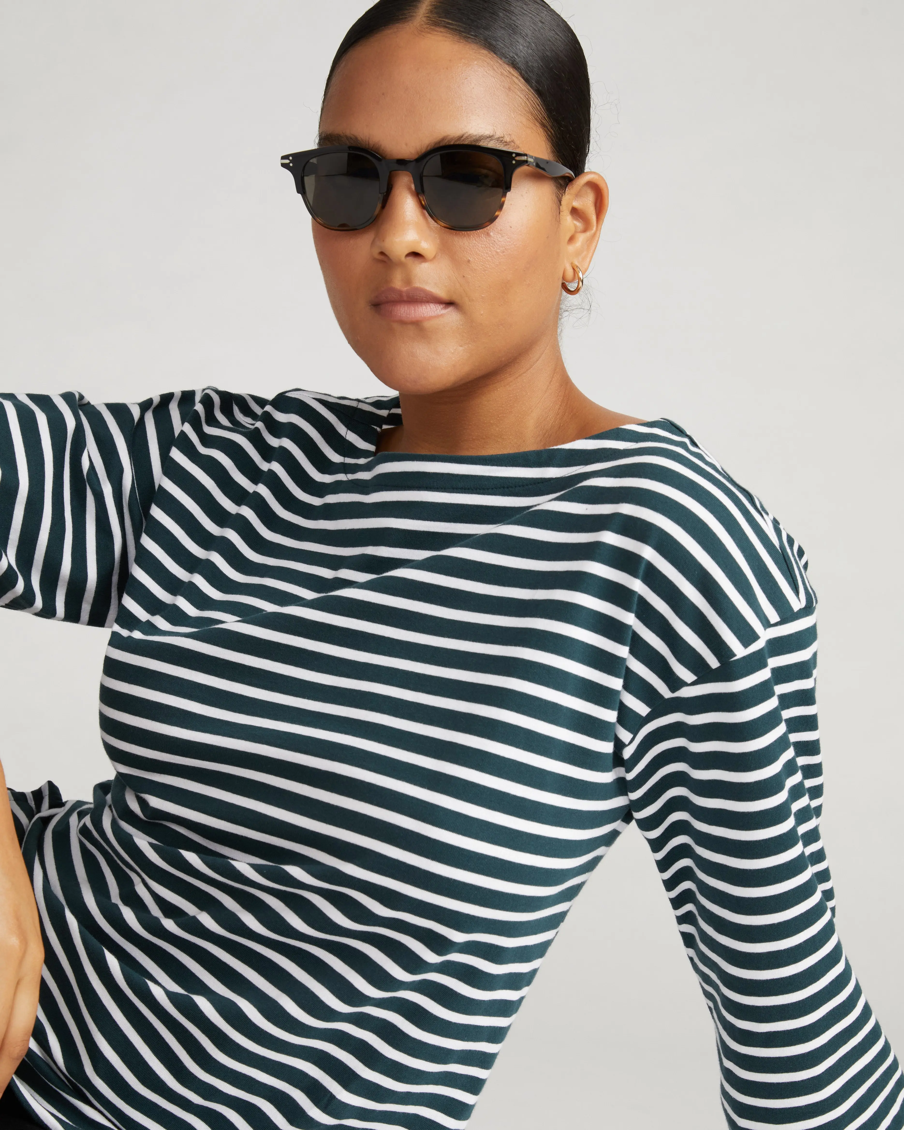 Women's Striped Breton Bell Sleeve Essential T-Shirt - 100% Soft Cotton Jersey, Everyday Deep Sea/White Stripe Top, Wardrobe Staples, Fashionable, Non-Chlorine Bleach, Casual, Breton Stripe, Tshirt, Round Neck, Cool Iron, Machine Washable, Lady, Elegant