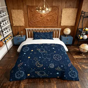 Space Planet Comforter Set, 2/3 Pieces (1 Comforter + 1/2 Pillowcases, No Pillow Insert Included), Cartoon Galaxy Style, Soft Quilted Fabric, Suitable for Teens and Adults Bedroom Decor, Ideal Gift for Space Lovers