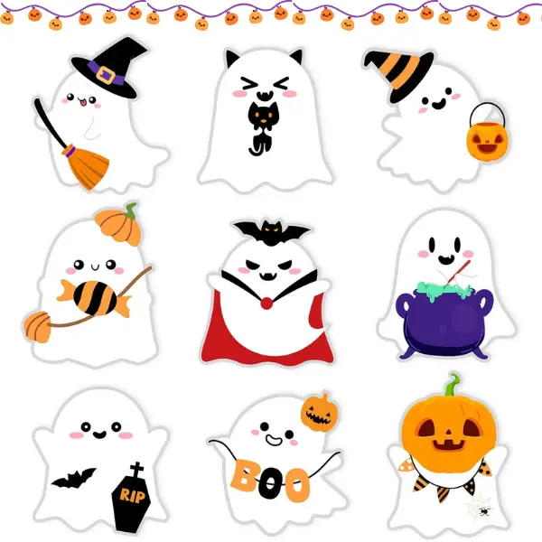 135 PCS Bulk Halloween Spooky Self-Adhesive Labels, Cute Vinyl Ghost Cartoon Stickers, Colorful Scrapbooking Embellishments, Kids' DIY Craft Supplies for Party Favors Goodie Bags