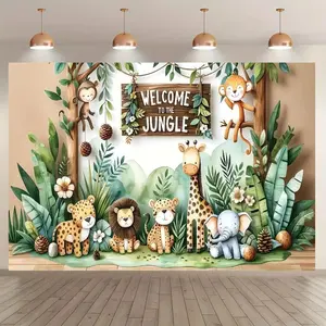Jungle Animal Themed Wall Decor, 1 Count Cartoon Animal Pattern Wall Hanging Banner, Wall Decor for Home Living Room Bedroom Birthday Party, Indoor Backdrops, Ornaments