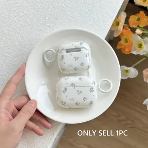 Korean Simple Blue Small Floral Bowknot Pattern with White Rings Protective Earphone Case Cover Suitable for AirPods 1 2 3 4 Pro Pro 2 Pro 3
