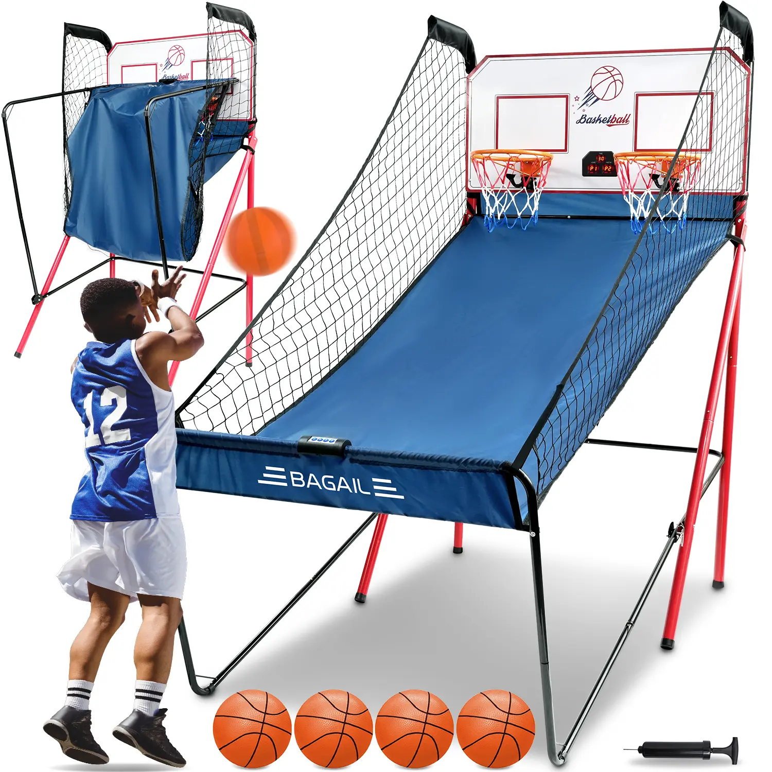 【Summer Wins】BAGAIL Basketball Arcade Game, Electronic Basketball Shooting Game with 8 Game Modes, Arcade Sounds, Foldable Frame, 4 Balls, Inflation Pump, Ideal Indoor Sport Games for All Players - Dual Shots