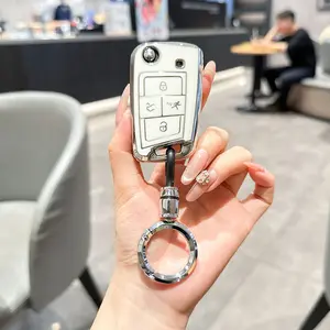 For Volkswagen VW Key Fob Cover Tiguan Golf GTI Altas Jetta Accessories 4 Button Soft TPU Car Keys Case Protector Keychain Landyard Girly White Silver
