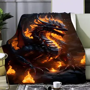 Bohemian Style Dragon Print Flannel Throw Blanket - All-Season Soft Cozy Quilted Throw for Sofa & Bedroom, Multipurpose Digital HD Printed Anime Theme Polyester Blanket with Fire Dragon Design summervibes