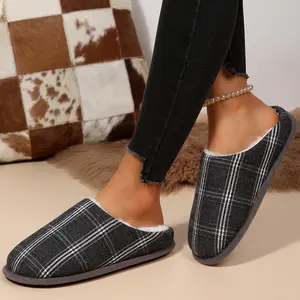 Women's Plaid Fuzzy Lined Slippers Warm Cozy House Shoes with Retro Check Pattern Indoor Outdoor Shoes