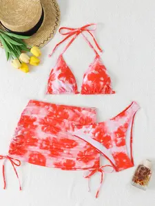 Women's Bikini Three-Piece Set, Floral Pattern Beach Vacation, Fashion Summer Clothing, Perfect Travel Wear, Floral Print Bikini