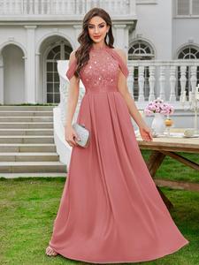Miusol 25755A Women's Elegant Halter Sequin Embroidered Lace Off Shoulder Chiffon Sleeve Formal Evening Party Maxi Dress for Cocktail and Prom Events