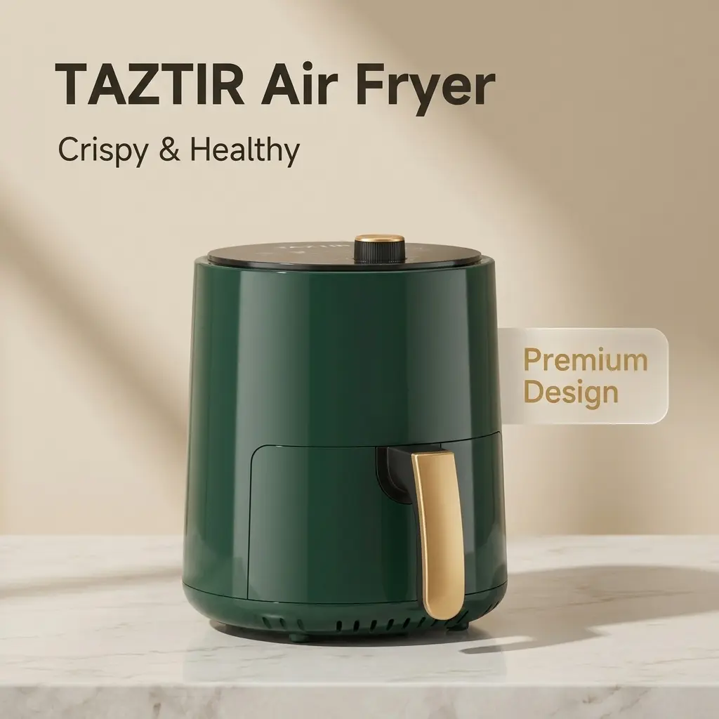 TazTir Stainless Steel 3Qt Multi-Cook Countertop Air Fryer for Small Homes - Square Nonstick Dishwasher-Safe XL Basket, Broil, Crisp, Roast, Reheat, Bake, Dehydrate Functions for Frozen Foods, Countertop Fryer