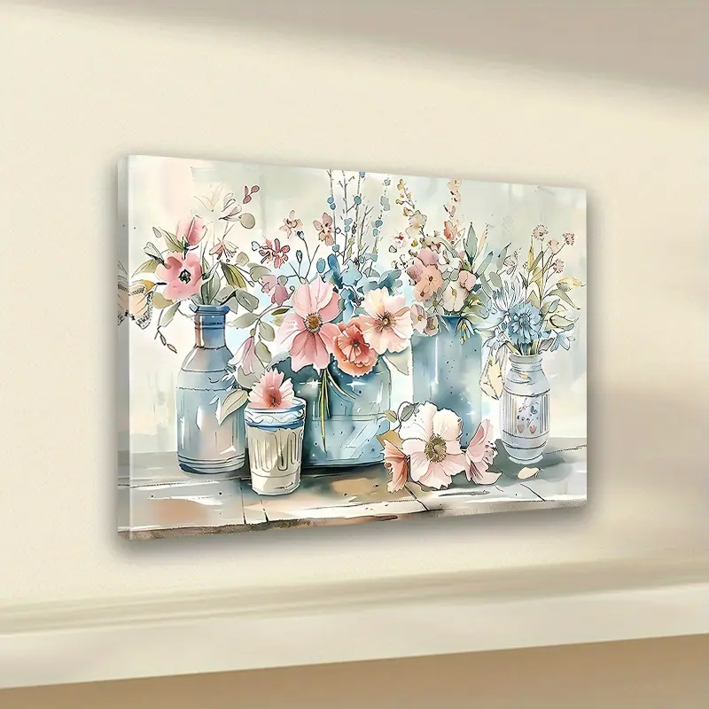 A Pink Flower Blue Vase Design Painting with Wooden Frame Floral Canvas Wall Art Print Suitable for Home Office Decoration, Artistic Indoor Decoration 1 Piece