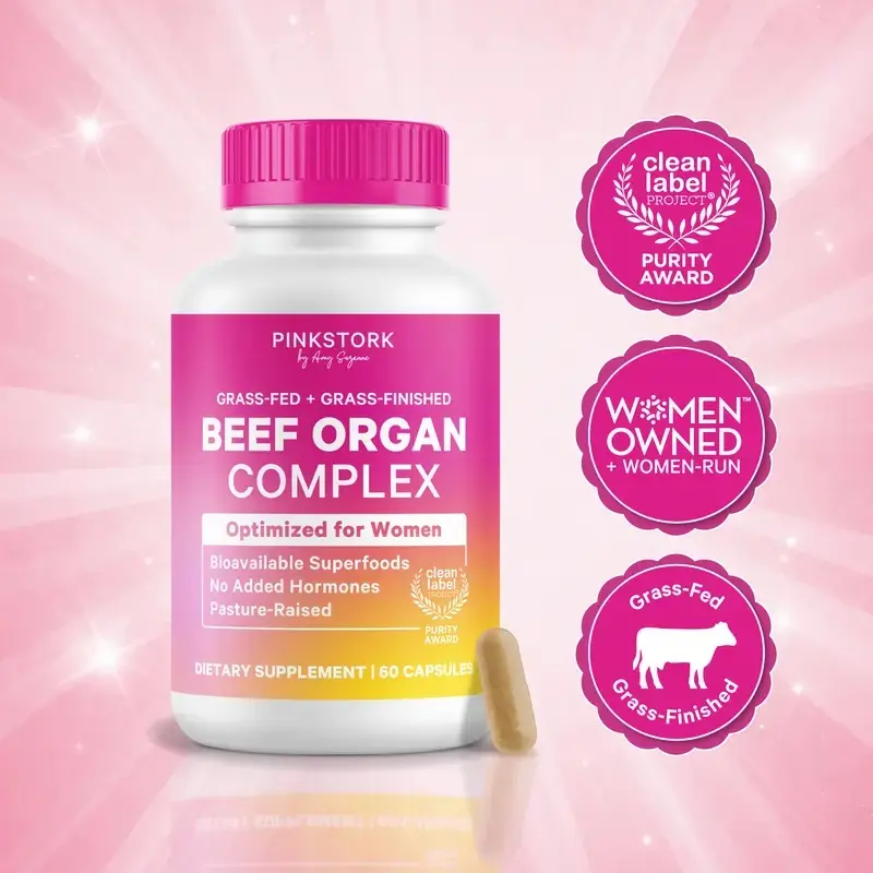 Pink Stork Beef Organ Supplement for Women | Clean Label, Grass-Fed Primal Bioavailable Multivitamin | Liver, Heart, Ovary, Kidney, Uterus, Iron, B12, CoQ10, Vitamin A, Zinc | Skin + Nail Health, Hormone + Energy Support | 60 Capsules |