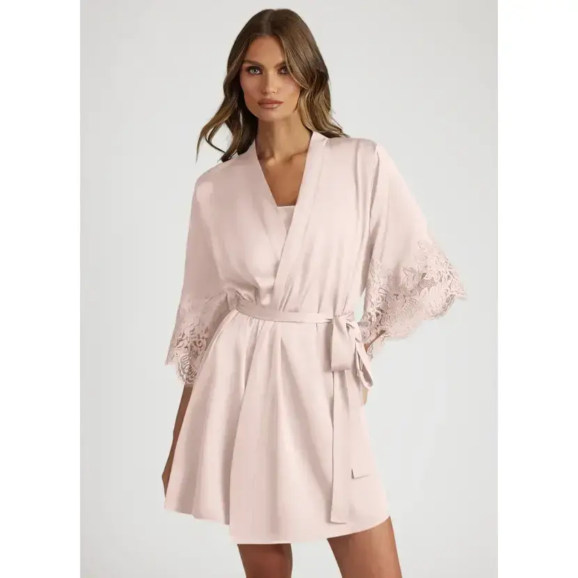 Azazie Satin Lace Trim Sleeve Robe, Lace Trim Kimono Sleeves Wrap Front Tie Waist, Bridal Getting Ready Wedding Morning Bridesmaid Gift, Satin
