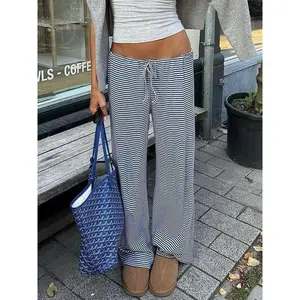 Women's Striped Print Drawstring Waist Straight Leg Pants, Casual Comfy Drop Waist Trousers for Daily Wear, Ladies Bottoms for Summer