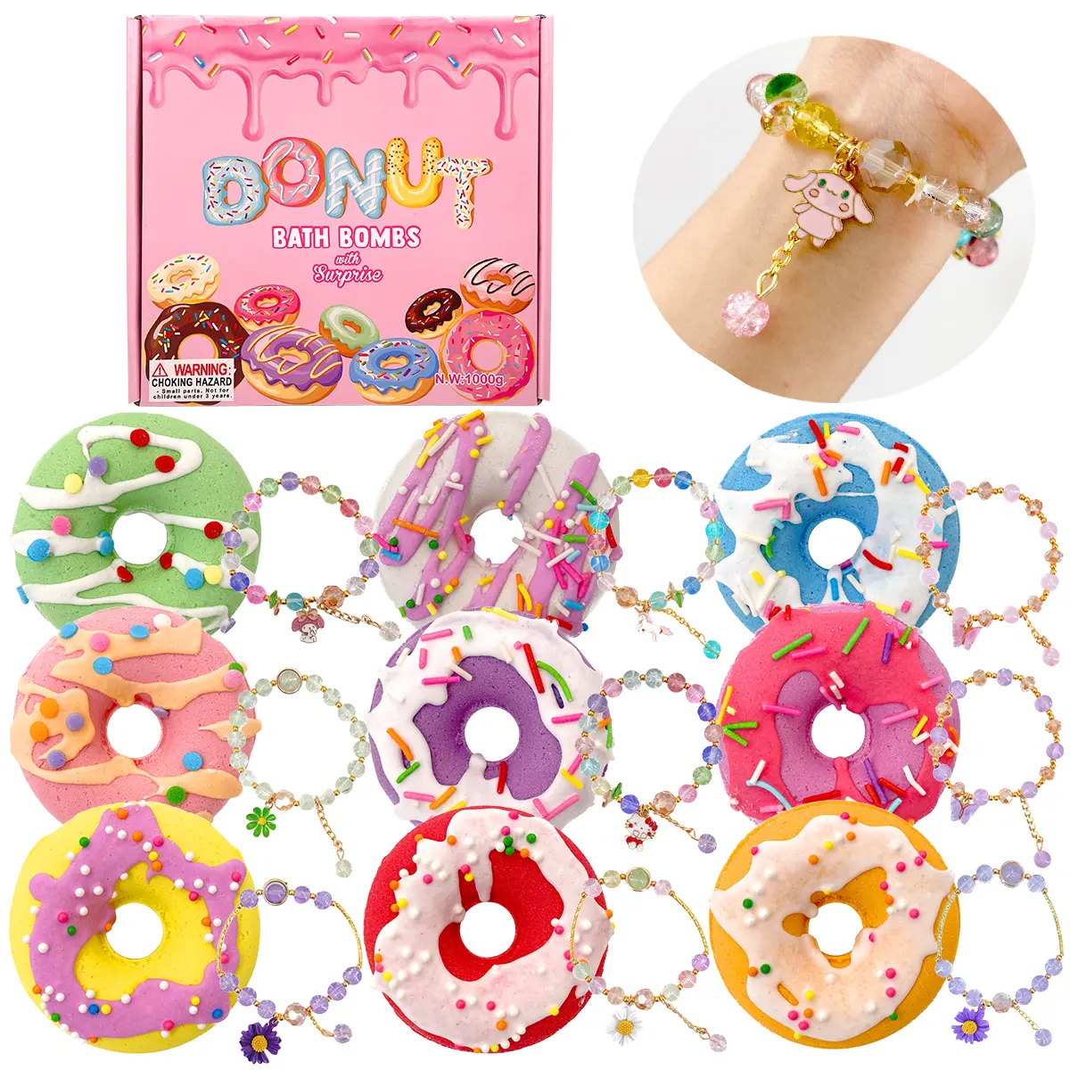 9 Pack Natural Donut Bath Bombs with Surprise Jewelry Inside - Hypoallergenic, Non-Toxic, Anti-Bacterial, Alcohol Free, Contains Neither Alcohol Nor Harmful Additives - Kids' Body Care Gift Set for Acne Treatment, Eczema & Skin Repair Bath Fizzies