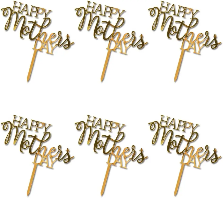 6 PCS Happy Mother's Day Cake Topper, Gold Acrylic Happy Birthday Mom Cupcake Topper for Birthday Mother's Day Cake Party Decoration
