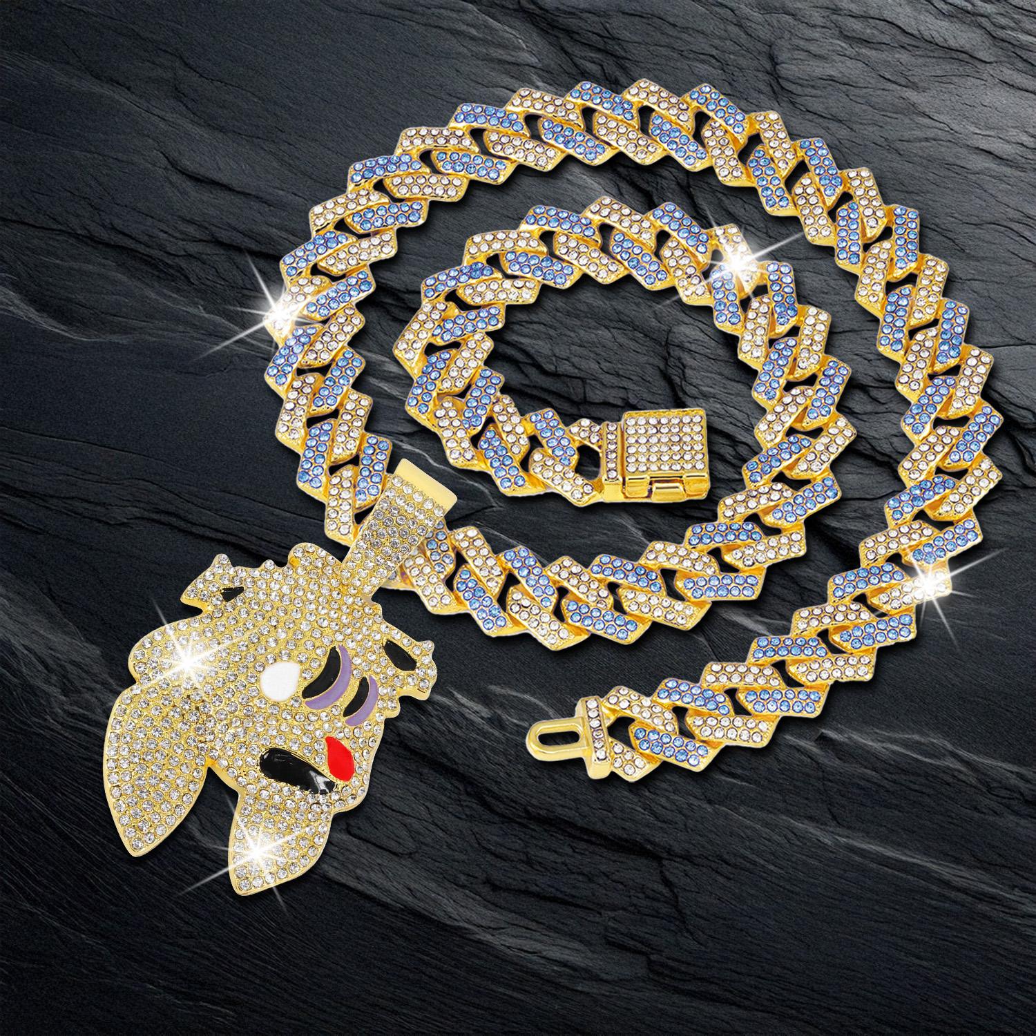 Rabbit Head Pendant with Flip-up Diamond-shaped Necklace Silver Gold Plated Bling Hip Hop Necklace Diamond Angel Wing Pendant Wide Necklace Jewelry Gift for Thanksgiving Party