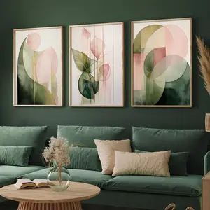 3-Piece Set of Modern Green and Pink Abstract Plant Wall Art Prints, Watercolor Painting Prints, Plant Canvas Posters, Modern Floral Paintings, Floral Abstract Design, Wall Decoration, Spring Decoration, Kitchen, Office, Cafe, Home Decoration, Frameless