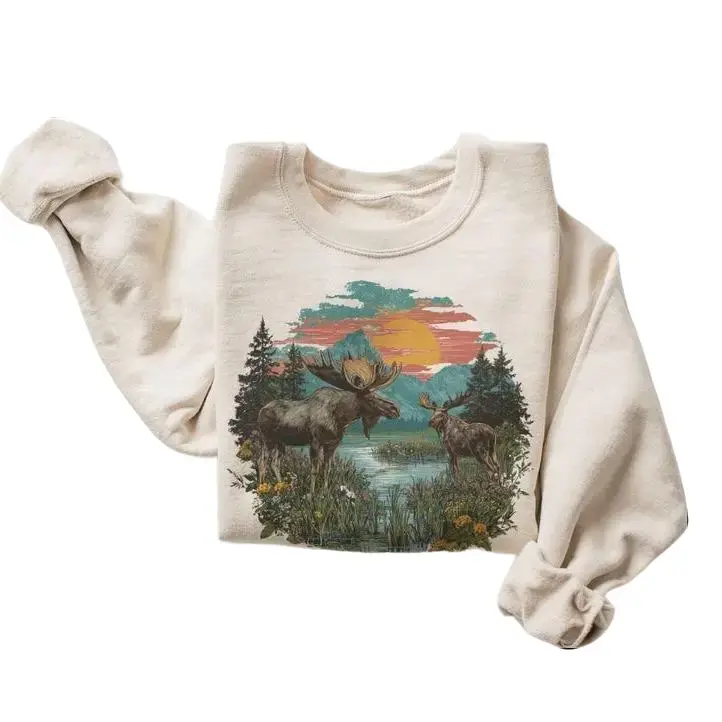 Vintage Moose Graphic Sweatshirt, Unisex Retro 90s Tops with Mountain Sunset and Wildflower Scene Vintage Moose Graphic Sweatshirt, Unisex Retro 90s Tops with Mountain Sunset and Wildflower Scene