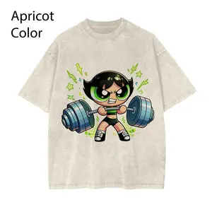 Powerpuff Gym Girl Shirt, Strong Cartoon Workout Tee, Kawaii Fitness Graphic T-Shirt, Apricot Vintage Washed Shirt, Y2K Aesthetic Streetwear, Girl Power Gym Outfit Gift Womenswear Top
