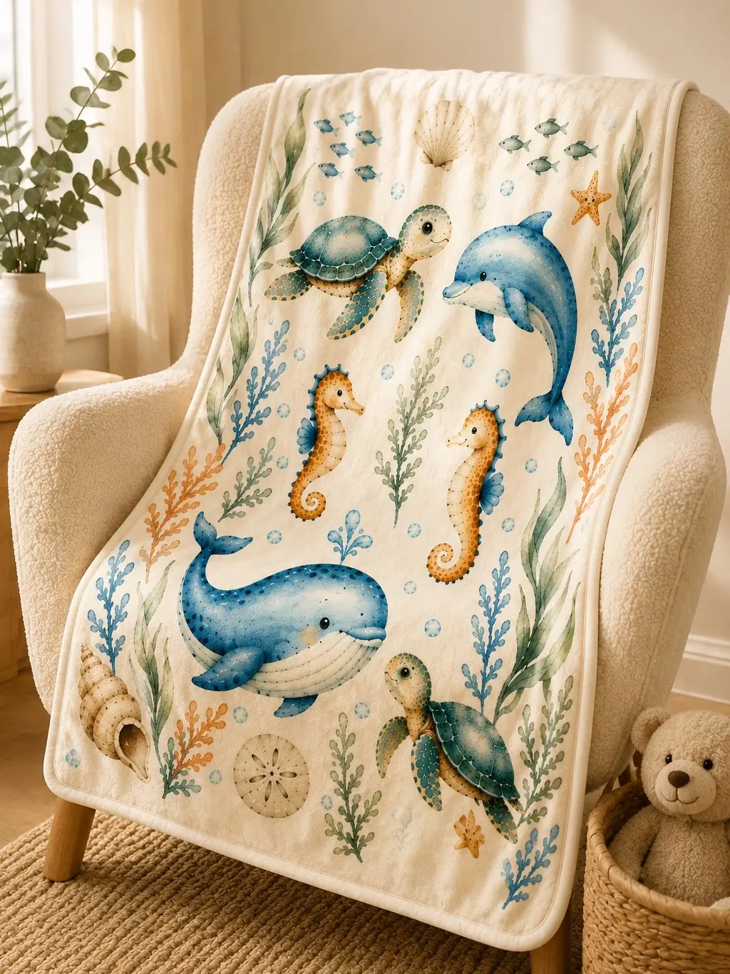 Coastal Ocean Baby Blanket | Ultra Soft Velveteen Throw | Sea Turtle Nursery Blanket | Baby Shower Gift | Nautical Ocean Nursery Decor
