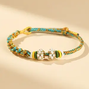 [DE] （Buy one and get one free-Random)Peach Blossom Knot Bracelet DIY with Bead Thread, Gold Transfer Bead Weaving, Colorful Hand Rope