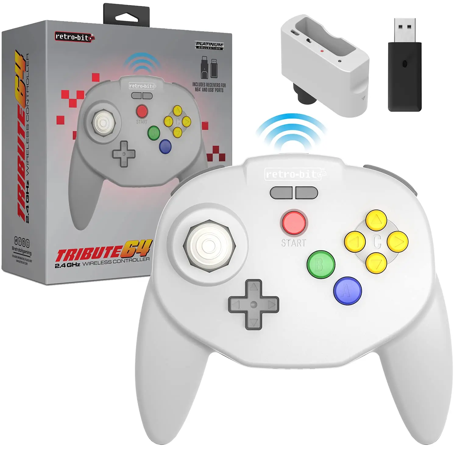 Retro-Bit Tribute 64 Wireless Controller for Nintendo 64, Switch Online, PC, MacOS, RetroPie, Raspberry Pi and Other USB Devices - Classic Gray