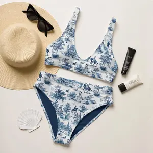 French Toile de Jouy Bikini Set Women High Waist 2 Piece Blue White Vintage Horse Floral Swimsuit Cottagecore Beach Summer Vacation Elegant Comfy Bathing Suit