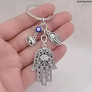 Vintage Hamsa Hand Keychain with Evil Eye Charm Blue Beads Good Luck Gift for Protection and Fortune