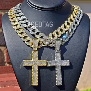 Hip hop Large Ice Out Cross Pendant Men, 18” 20” 24” Full Iced Cuban Link Necklace Chain cross bracelet