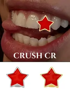 CRUSH CR Edgy Red Star Tooth Grillz 18K Gold Plated, Enamel Detail, Gold/Silver Choices, Tooth Gem, Ideal For Halloween Costume Parties, Trendy Outfits Y2K Hip Hop Gatherings Concerts, Club Nights, Unisex Dental Decor For Fashion Enthusiasts