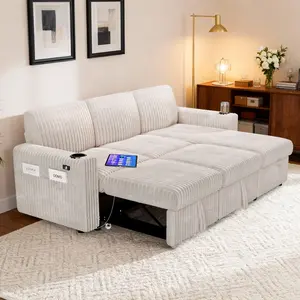 HCORE 101" Plush Corduroy L-Shaped Sectional Sleeper Sofa Bed with Pull Out Bed, Reclining Backrest, Reversible Storage Chaise, USB Ports, Cup Holders, Tool-Free Assembly, Beige White, Dark Grey, Green