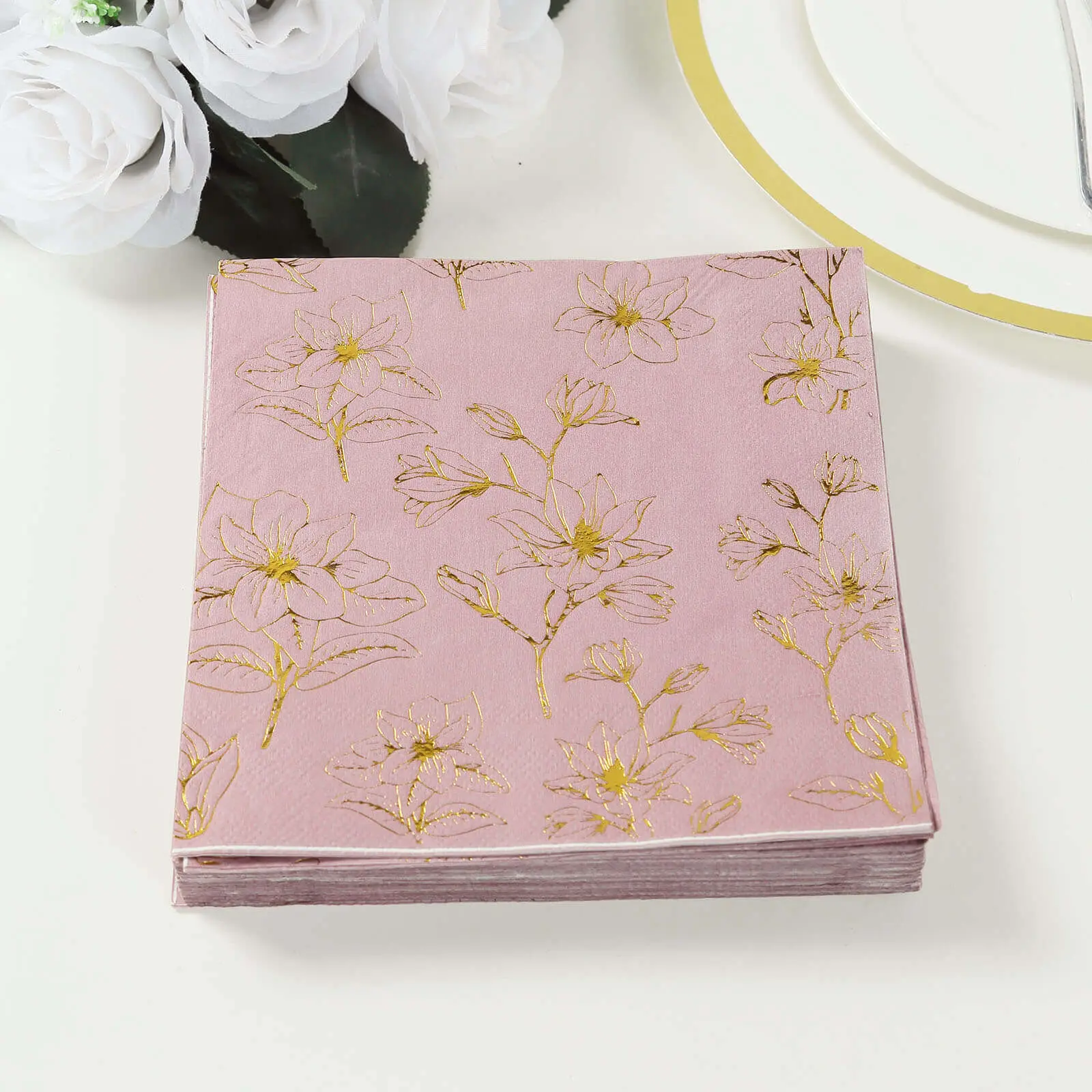 50-Pack 2-Ply Square Paper Cocktail Beverage Tableware Napkins, Dusty Rose with Gold Magnolia Single Print, Soft Highly Absorbent Disposable Tableware for Events