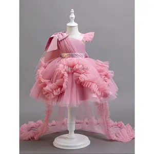 Girls' Princess Tutu Dress with Ruffled Sleeves & Flared Skirt - Soft Viscose-Polyester Blend, Pink Party Dress for Birthdays, Weddings, Special Occasions - Hand Wash Only, Princess Dress