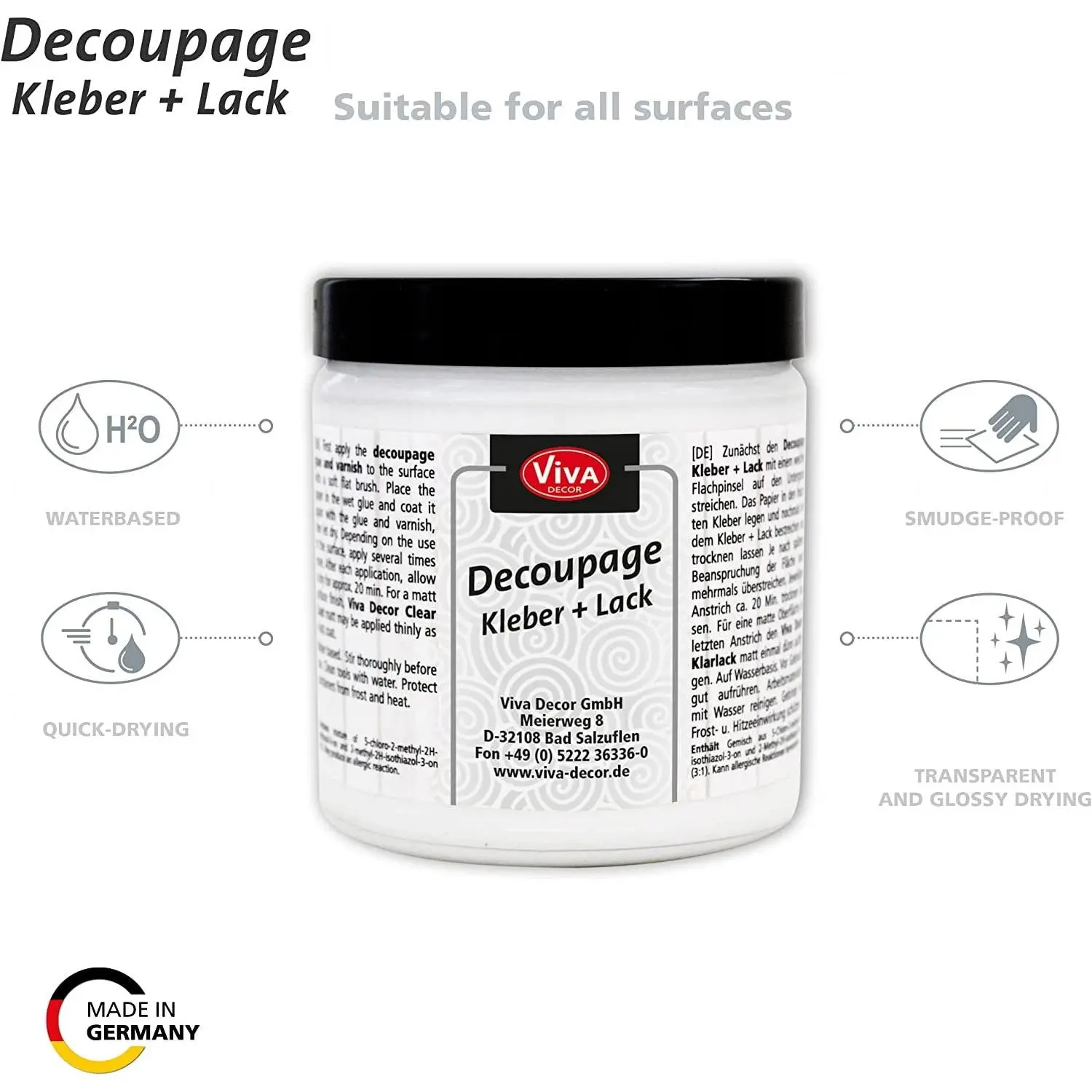 Viva Decor Decoupage Glue-Varnish, 8.45 oz Strong Water-Based Adhesive, Quick-Drying Smudge-Proof Transparent Glossy Finish for DIY Scrapbooking, Stamping & Collages Projects