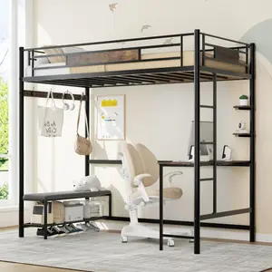 Twin size Loft Bed Frame with Built-in Desk & Charging Station, Space Saving Metal Loft Bed with USB Outlets, Coat Rack, Shoe Bench & Shelves for Adults/Teens