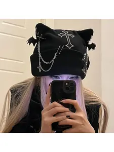 Gothic-style Dirty Cat Ear Bat Wing Knit Hat for Women, Harajuku Punk Fashion, Knit Design, Best Gothic Girl Winter Warm Stylish Streetwear Purchase, Skull Beanie Hat