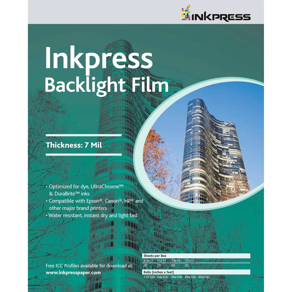Inkpress Backlight Translucent White Semi-matte Inkjet Film, 7 mil, 8.5x11", 50 Sheets