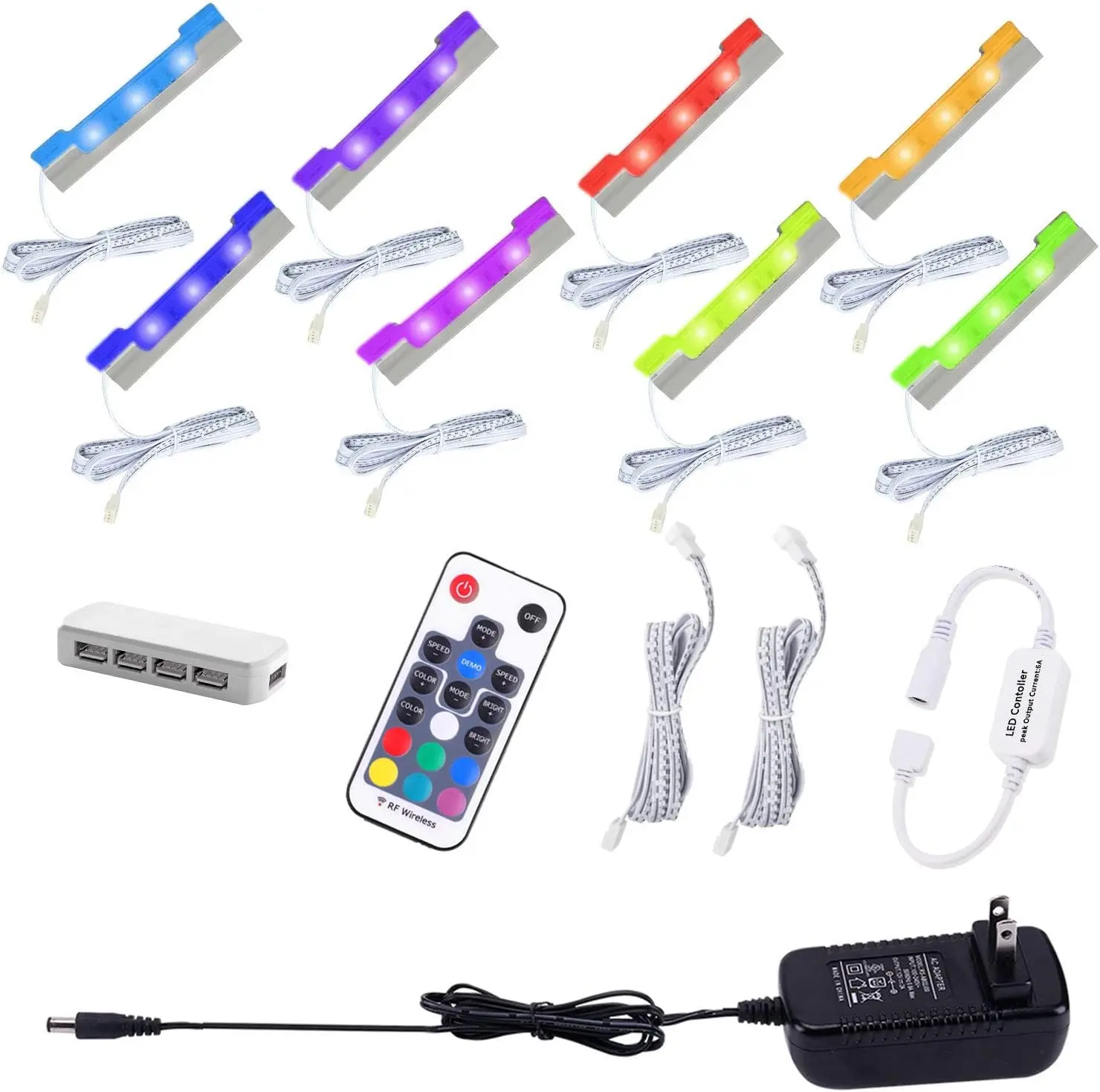 LED Glass Shelf Lighting Kit – Flexible Cable & Clip for Glass Edge Back Side Lighting with RF Remote (8 Lights, RGB)