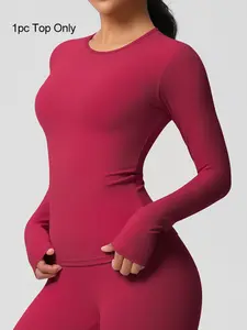 Women's Solid Color Long Sleeve Sports Tee, Casual Comfy Breathable Round Neck T-shirt for Yoga Gym Workout Running, Ladies Sportswear for All Seasons, Workout Clothes Women