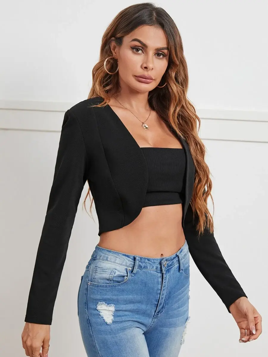 Privé Solid Open Front Crop Black Jacket In Fall/Winter