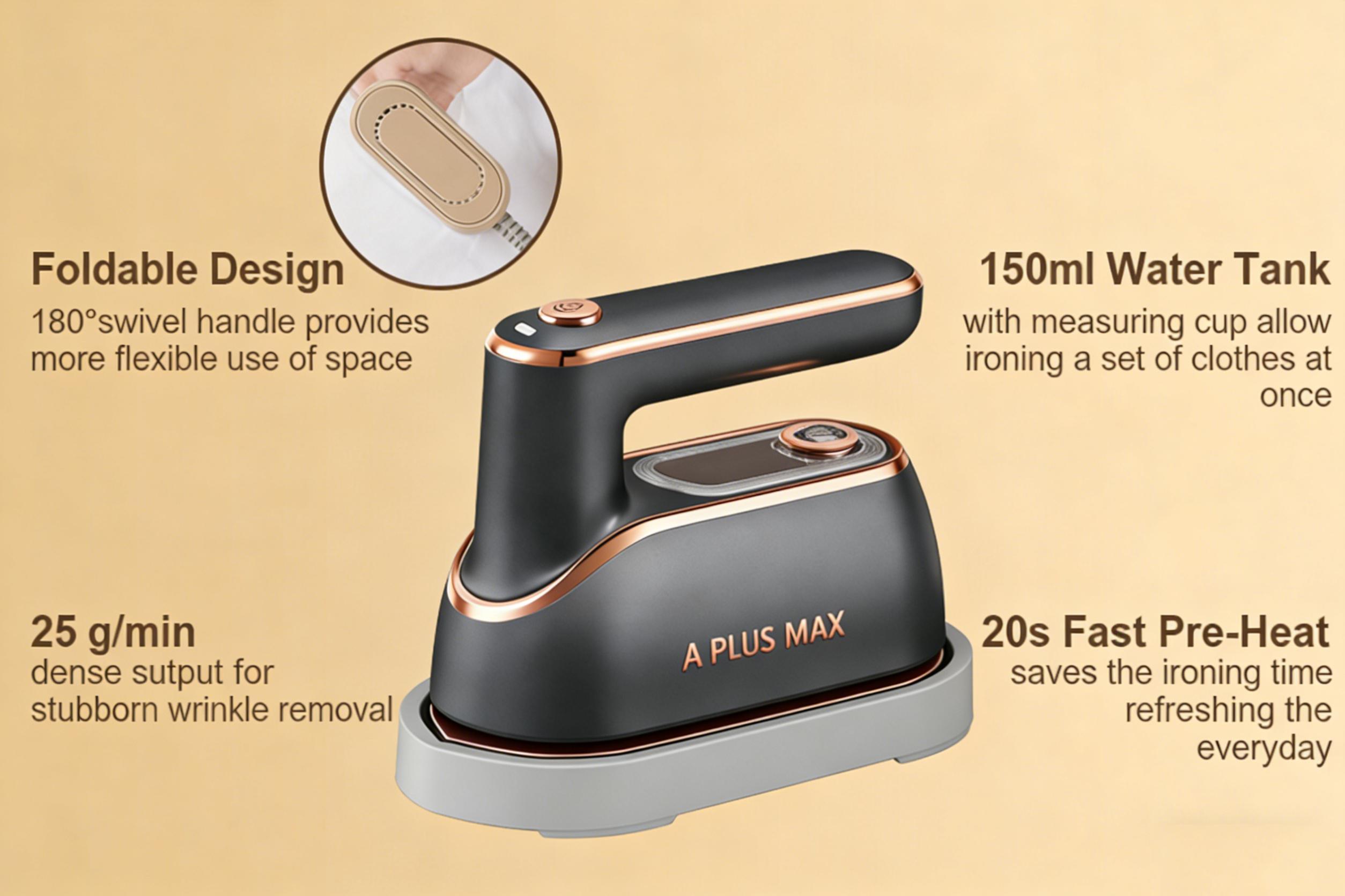 A PLUS MAX 2-in-1 Steam Iron & Clothes Steamer - Handheld Portable Garment Wrinkle Remover, Fast Heat-Up, Large Soleplate, 150ml Water Tank - Lightweight for Home, Travel, Christmas gifts New Year's gift