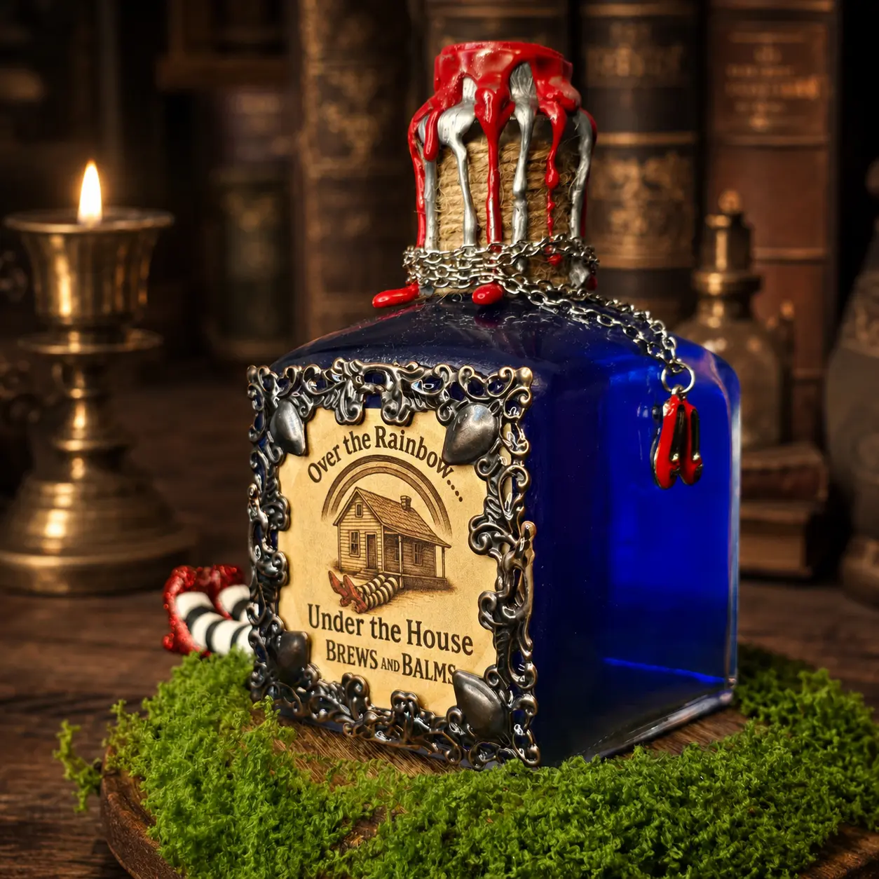 Brews and Balms Over the Rainbow...Under the House Color Changing Potion Bottle Prop 5" Tall 4.5" Wide Square Glass Bottle with Magic Transformation