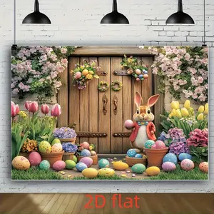 1pc Easter Backdrop Bunny Floral Design Garden Grass Wooden Door Polyester for Birthday Wedding Christmas New Year Valentine Home Party