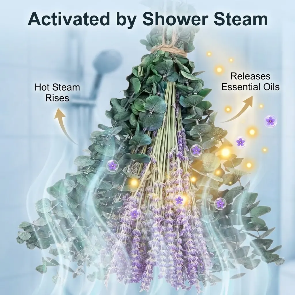 NurtureFlora Natural Eucalyptus Shower Bouquet, Eucalyptus & Lavender Natural Fragrance Bouquet, Made of Real Eucalyptus Branches and Preserved Natural Lavender Flowers, Ideal for Home, Bathroom, Wedding, Party Decor & Vase Filler