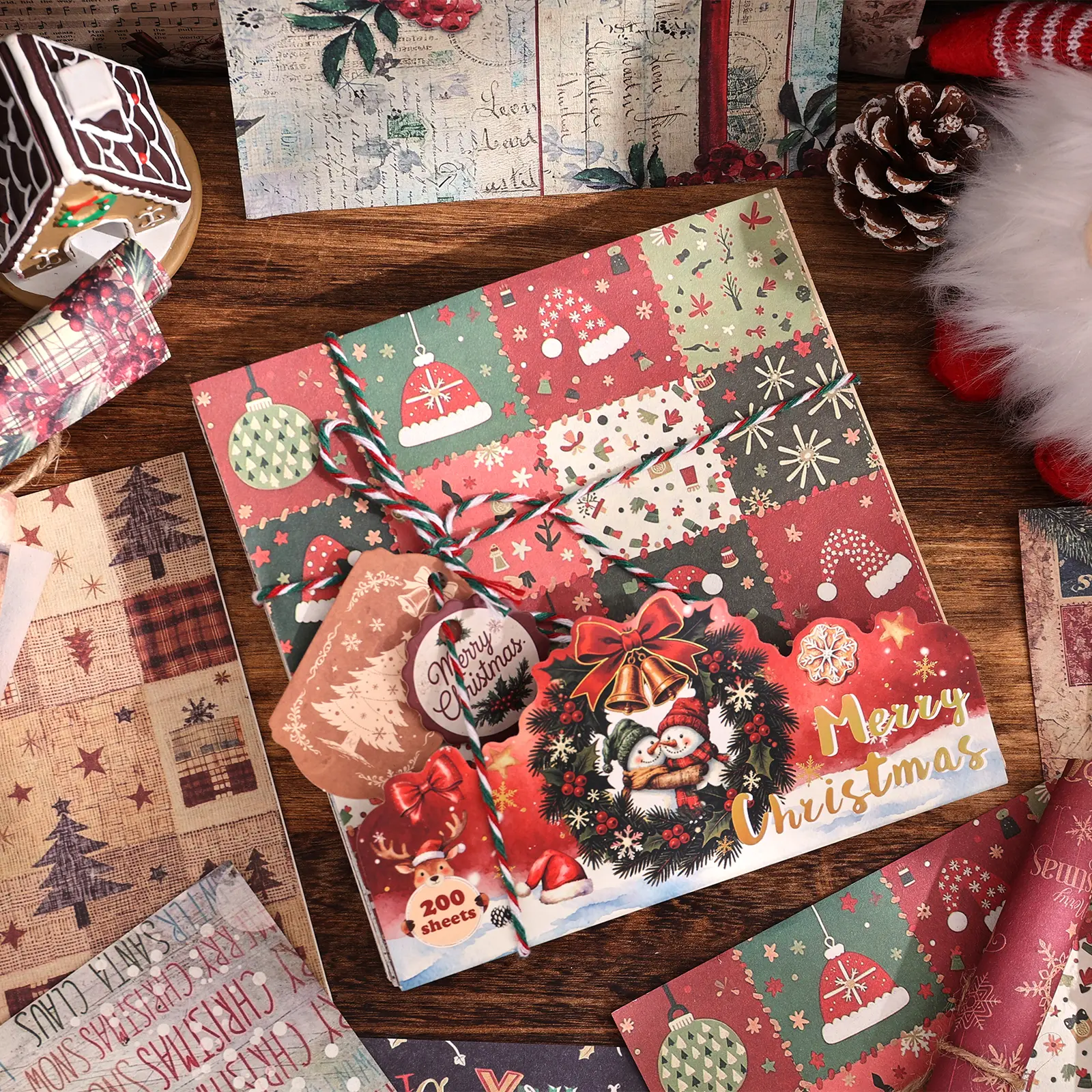 Christmas Scrapbooking Craft Kit - Non-Sticky Thick Paper Sheets with Festive Patterns, 2 Sizes (170 5.5"x8" / 200 5.9"x5.9") for DIY Crafting, Journals, Homemade Gifts