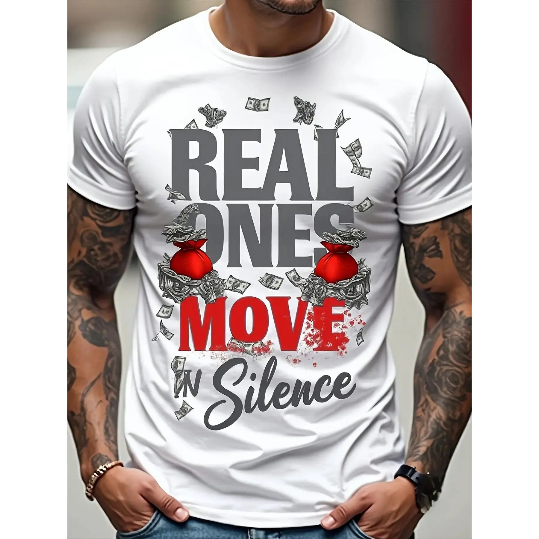 Men's "Real Ones in Silence" Bold Quotes Shortsleeve Graphic Tops - Money All Over Print, Round Neck, Soft Cotton, Breathable, Moisture Wicking Athleisure for Summer Sports, Outdoor Activities, Athleisure Wear, Sporty Chic