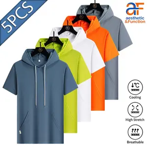 5PCS Multi-Color Short Sleeve Hoodies |   Drawstring Kangaroo Pocket Athletic Tops for Men