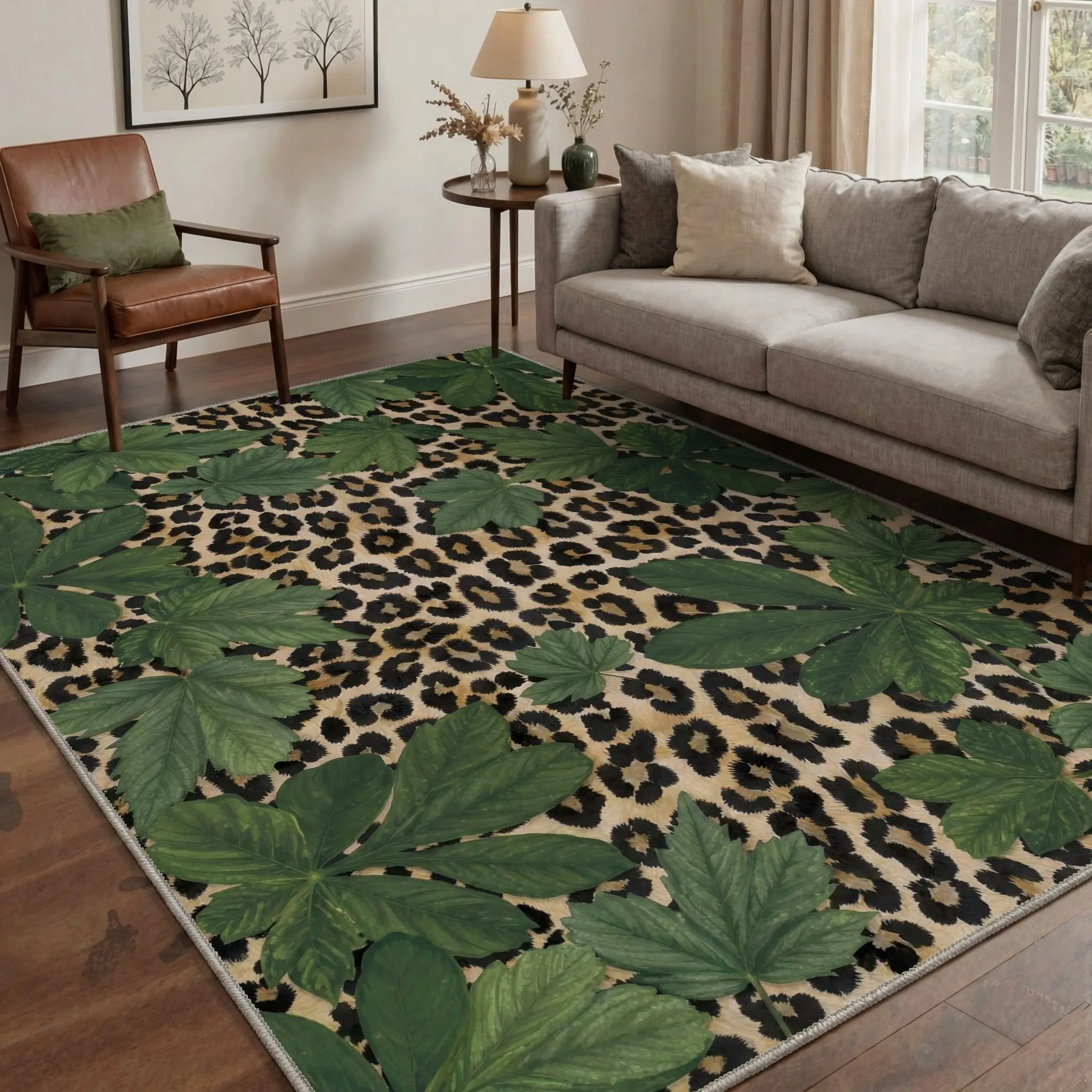 【Back To School】GENIMO Floor Rug – Machine Washable, Pet Friendly, Soft, Non-Slip Area Carpet, Perfect for Living Room, Bedroom, Kitchen, Hallway, Stylish Home Decor ,ARN1996-LEAF
